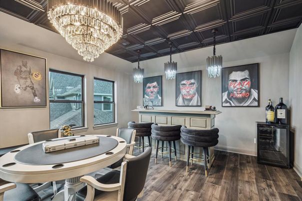Chandelier, Game Room, Interior, Pendant Lights, Wood Texture Flooring