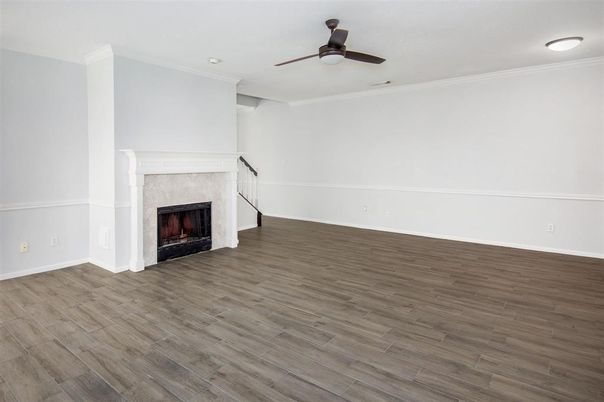 Empty room, Fireplace, Interior, Recessed Lighting, Wood Texture Flooring
