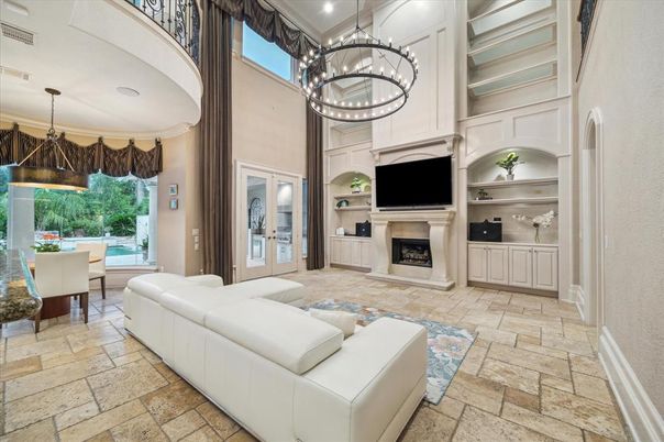 Dining room, Fireplace, Interior, Living room, Pendant Lights
