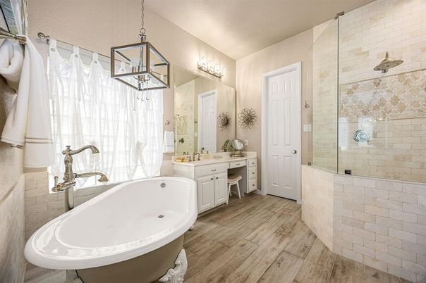 Bathroom, Free Standing Baths, Glass Shower, Interior, Pendant Lights, Stone Walls, Wood Texture Flooring