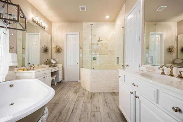 Bathroom, Dual Sink Vanities, Glass Shower, Interior, Recessed Lighting, Wood Texture Flooring