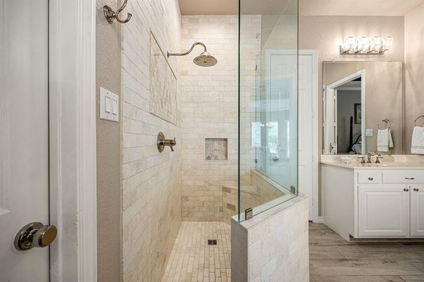 Bathroom, Glass Shower, Interior, Wood Texture Flooring