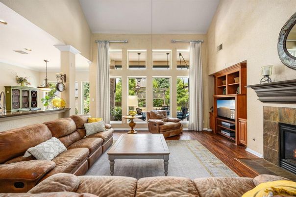 Fireplace, Interior, Living room, Pendant Lights, Recessed Lighting, Wood Texture Flooring