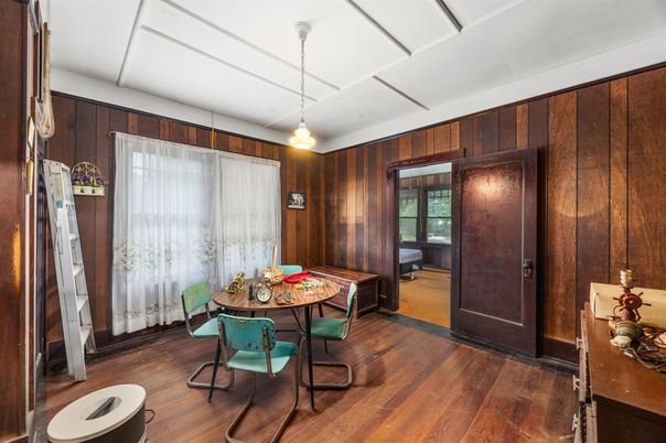 Dining room, Interior, Pendant Lights, Wood Texture Flooring, Wooden Walls