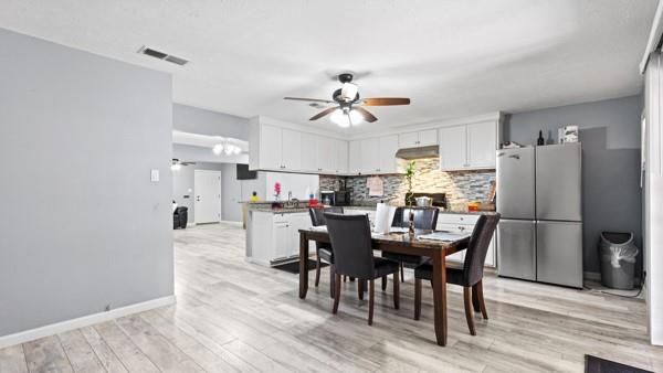 Dining room, Interior, Kitchen, Pendant Lights, Stone Walls, Wood Texture Flooring