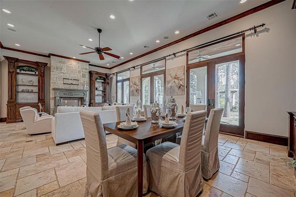 Dining room, Fireplace, Interior, Living room, Recessed Lighting, Stone Walls