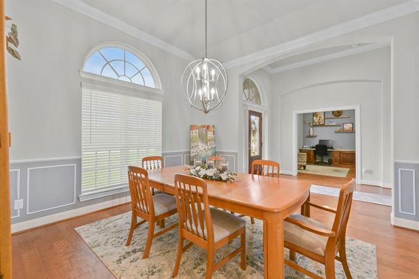 Dining room, Interior, Pendant Lights, Wood Texture Flooring