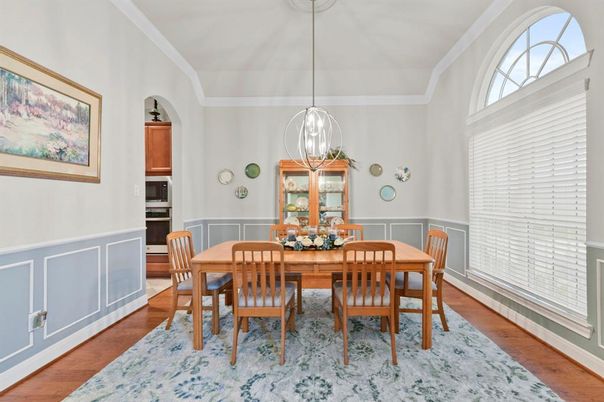 Dining room, Interior, Pendant Lights, Wood Texture Flooring