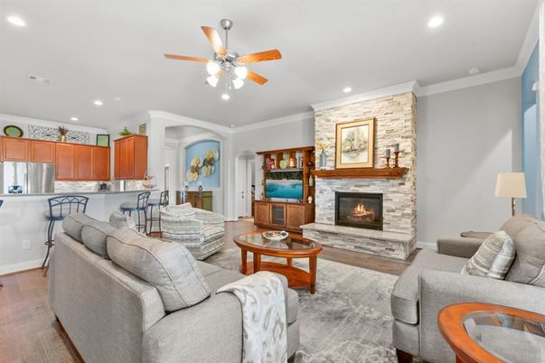Fireplace, Interior, Kitchen, Living room, Recessed Lighting, Stainless Steel Appliances, Stone Walls, Wood Texture Flooring