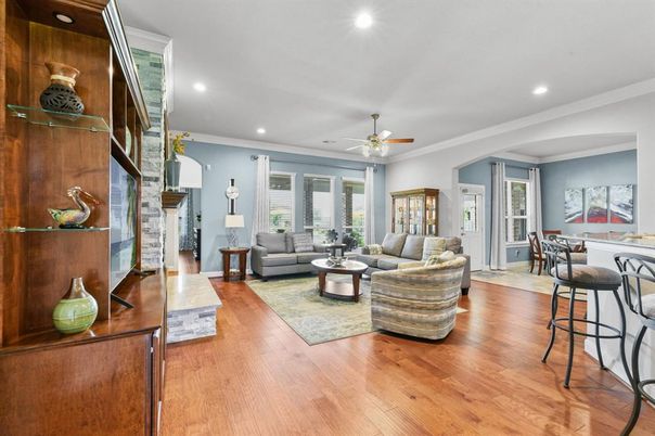 Dining room, Interior, Living room, Recessed Lighting, Wood Texture Flooring