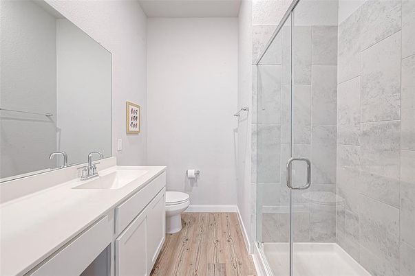 Bathroom, Glass Shower, Interior, Wood Texture Flooring