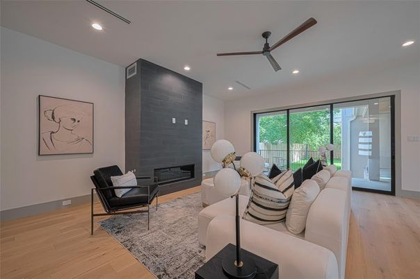Fireplace, Interior, Living room, Recessed Lighting, Wood Texture Flooring
