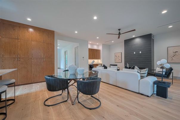 Dining room, Interior, Living room, Recessed Lighting, Wood Texture Flooring