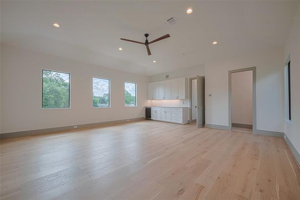Empty room, Interior, Kitchen, Recessed Lighting, Wood Texture Flooring