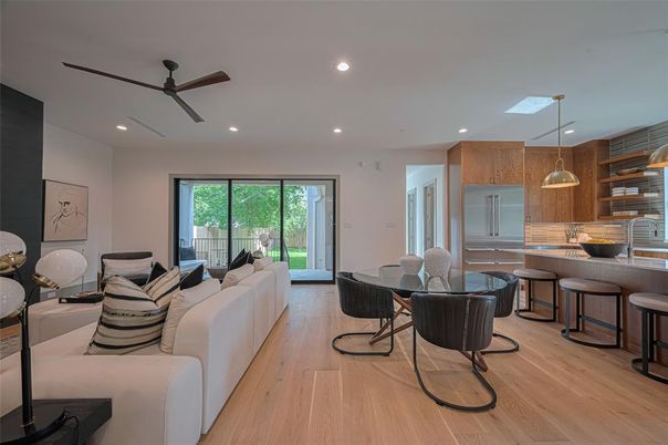 Dining room, Interior, Kitchen, Living room, Pendant Lights, Recessed Lighting, Wood Texture Flooring