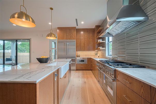 Interior, Kitchen, Pendant Lights, Recessed Lighting, Stainless Steel Appliances, Wood Texture Flooring