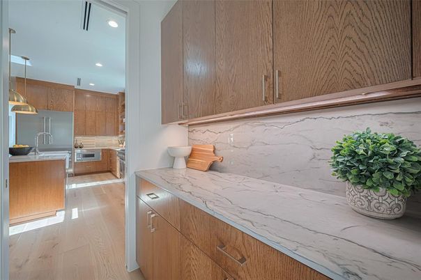 Interior, Kitchen, Marble Walls, Pendant Lights, Recessed Lighting, Wood Texture Flooring