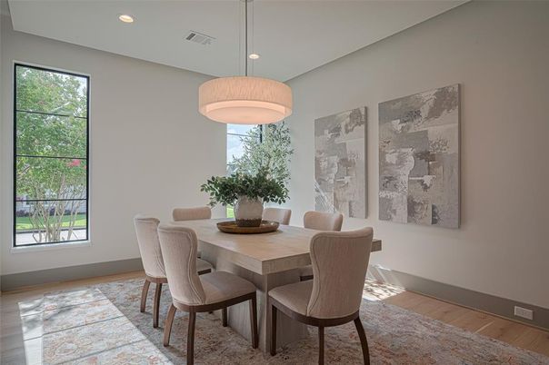 Dining room, Interior, Pendant Lights, Recessed Lighting, Wood Texture Flooring