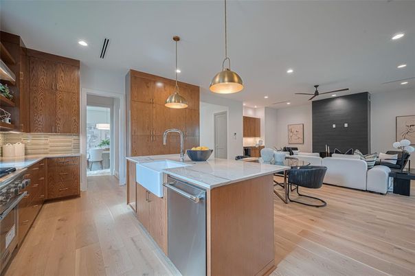 Interior, Kitchen, Living room, Pendant Lights, Recessed Lighting, Stainless Steel Appliances, Wood Texture Flooring