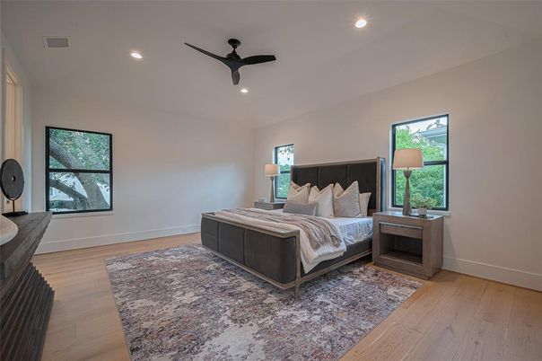 Bedroom, Interior, Recessed Lighting, Wood Texture Flooring