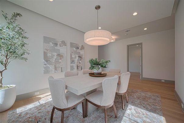 Dining room, Interior, Pendant Lights, Recessed Lighting, Wood Texture Flooring