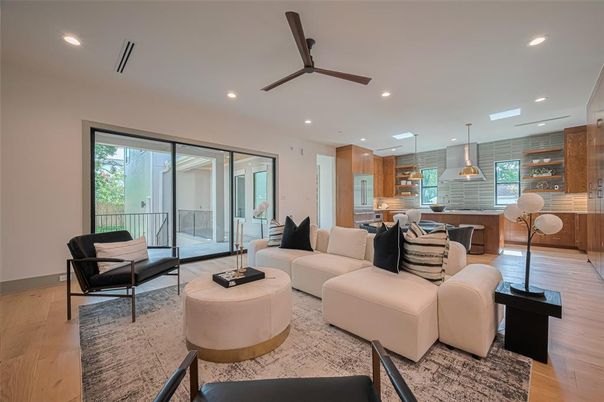 Dining room, Interior, Kitchen, Living room, Pendant Lights, Recessed Lighting, Stainless Steel Appliances, Wood Texture Flooring