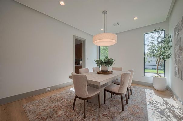Dining room, Interior, Pendant Lights, Recessed Lighting, Wood Texture Flooring