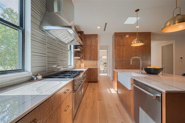 Interior, Kitchen, Pendant Lights, Recessed Lighting, Stainless Steel Appliances, Wood Texture Flooring