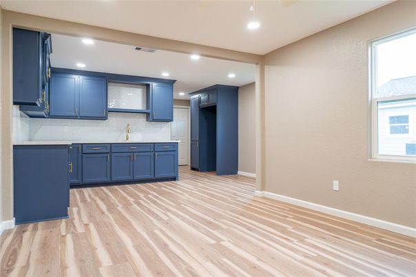 Empty room, Interior, Kitchen, Recessed Lighting, Wood Texture Flooring