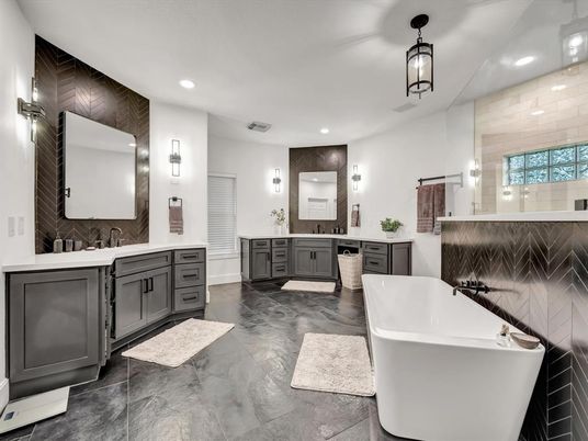 Bathroom, Dual Sink Vanities, Free Standing Baths, Interior, Pendant Lights, Recessed Lighting