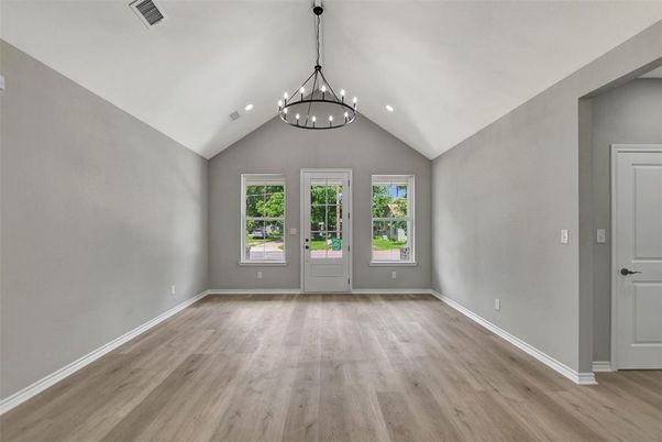 Empty room, Interior, Pendant Lights, Recessed Lighting, Wood Texture Flooring