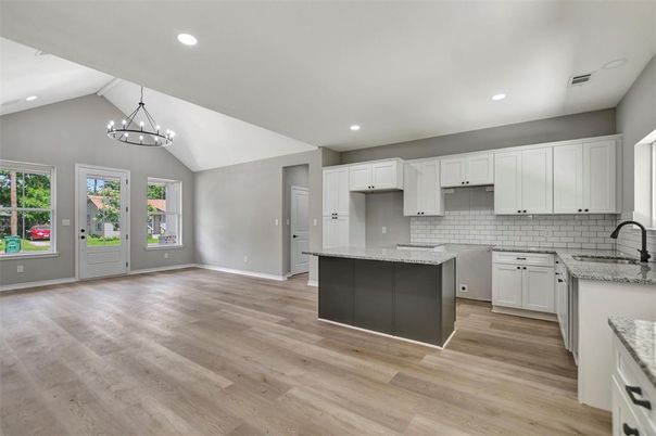 Chandelier, Interior, Kitchen, Pendant Lights, Recessed Lighting, Wood Texture Flooring