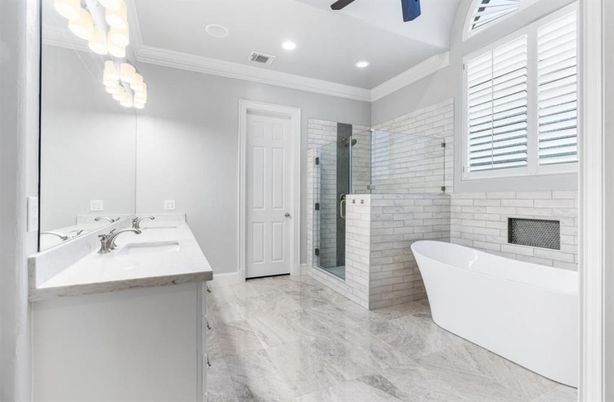 Bathroom, Free Standing Baths, Glass Shower, Interior, Marble, Recessed Lighting