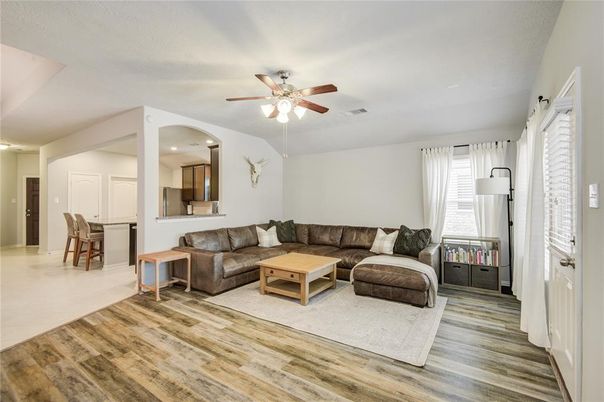 Dining room, Interior, Living room, Recessed Lighting, Wood Texture Flooring