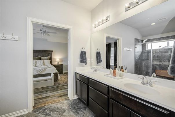 Bathroom, Bedroom, Dual Sink Vanities, Glass Shower, Interior, Recessed Lighting, Wood Texture Flooring