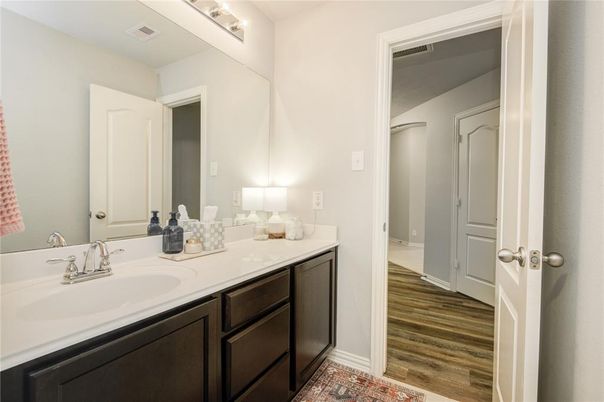 Bathroom, Dual Sink Vanities, Interior, Wood Texture Flooring