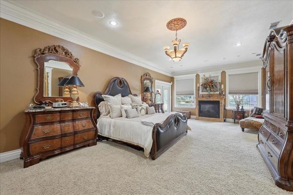 Bedroom, Chandelier, Fireplace, Interior, Recessed Lighting