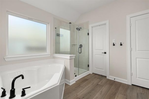 Bathroom, Glass Shower, Interior, Wood Texture Flooring