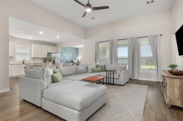 Interior, Kitchen, Living room, Recessed Lighting, Wood Texture Flooring