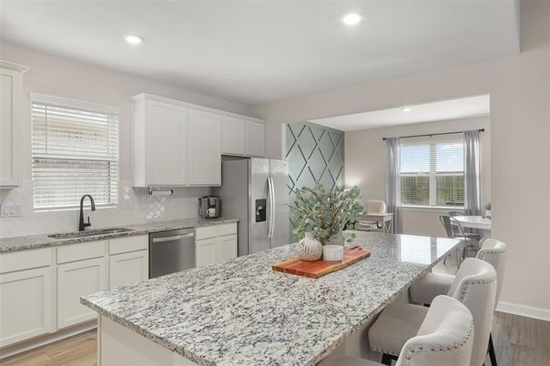 Dining room, Interior, Kitchen, Recessed Lighting, Stainless Steel Appliances, Wood Texture Flooring