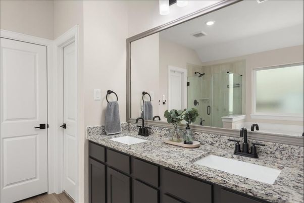 Bathroom, Dual Sink Vanities, Interior, Recessed Lighting, Wood Texture Flooring