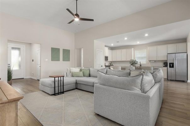 Interior, Kitchen, Living room, Recessed Lighting, Stainless Steel Appliances, Wood Texture Flooring