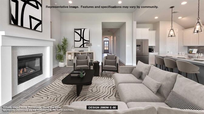 Dining room, Fireplace, Interior, Kitchen, Living room, Pendant Lights, Recessed Lighting, Stainless Steel Appliances, Wood Texture Flooring