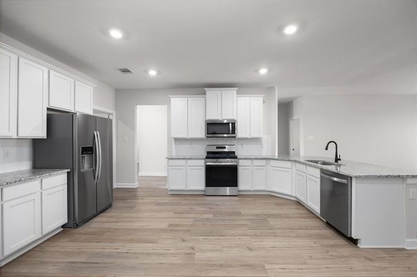 Interior, Kitchen, Recessed Lighting, Stainless Steel Appliances, Wood Texture Flooring