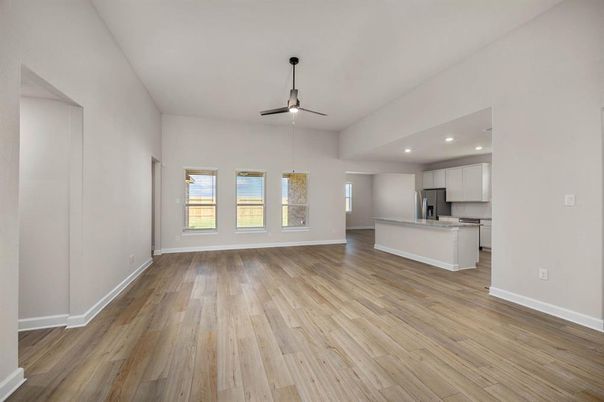 Empty room, Interior, Kitchen, Recessed Lighting, Wood Texture Flooring