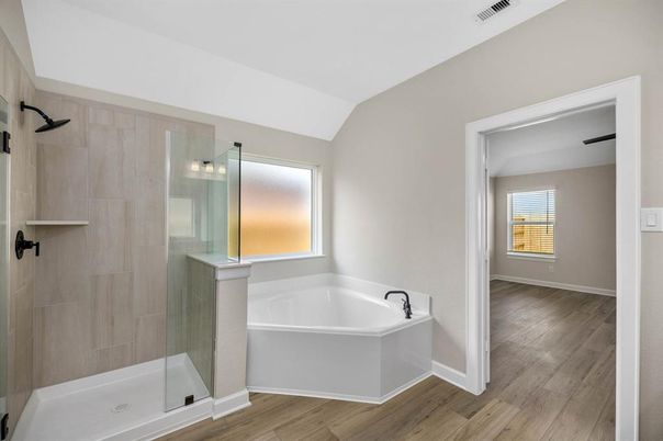 Bathroom, Glass Shower, Interior, Wood Texture Flooring