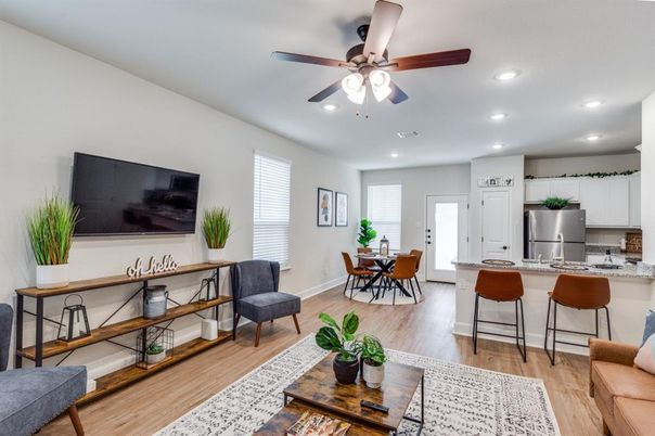 Dining room, Interior, Kitchen, Recessed Lighting, Stainless Steel Appliances, Wood Texture Flooring