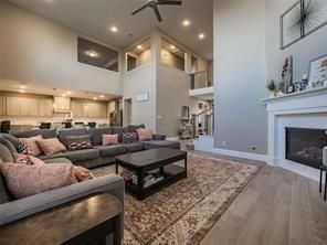 Fireplace, Interior, Kitchen, Living room, Pendant Lights, Recessed Lighting, Wood Texture Flooring
