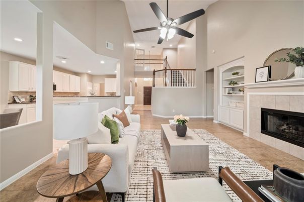Fireplace, Interior, Kitchen, Living room, Pendant Lights, Recessed Lighting, Wood Texture Flooring