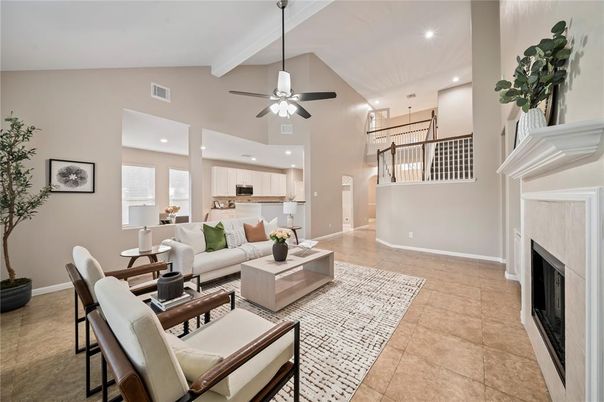 Dining room, Fireplace, Interior, Kitchen, Living room, Pendant Lights, Recessed Lighting